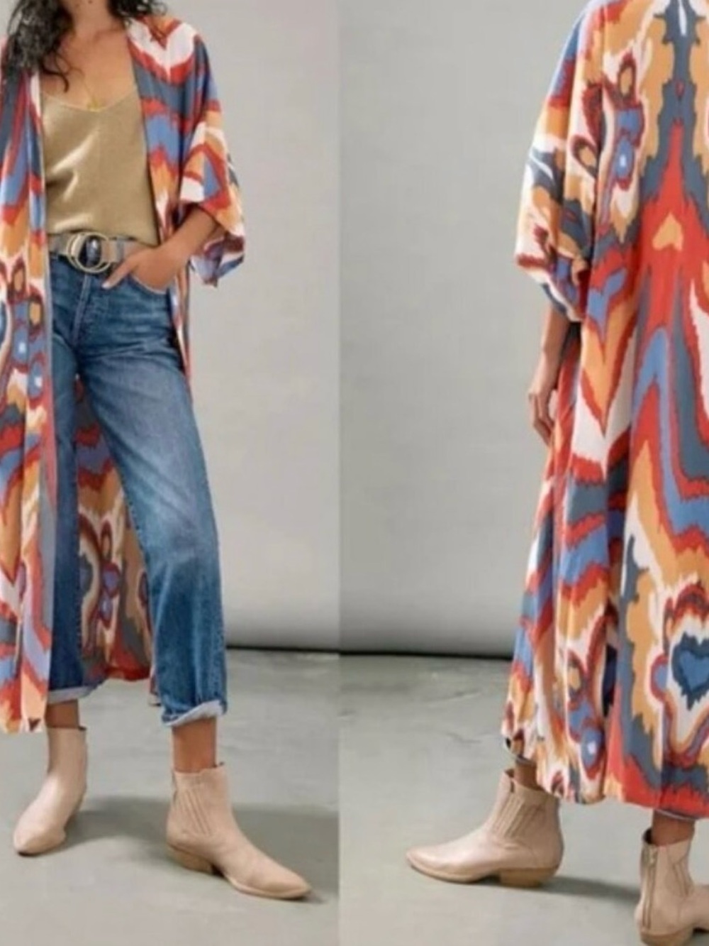 Abstract Wave Print Long Kimono - Multi-Color